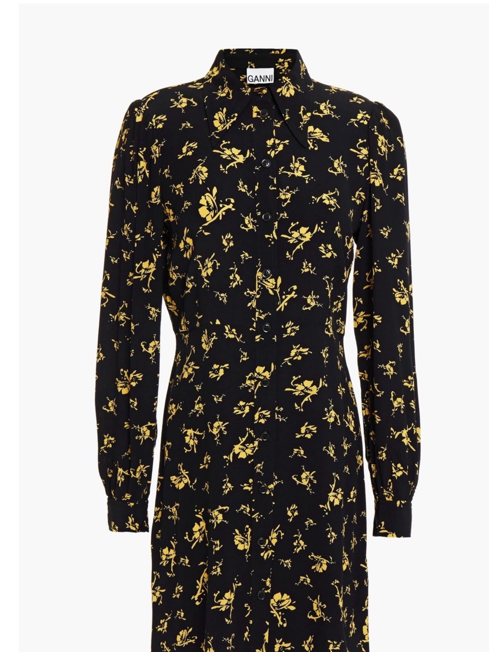 Ganni Black Button-Front Midi Dress with Yellow Floral Print